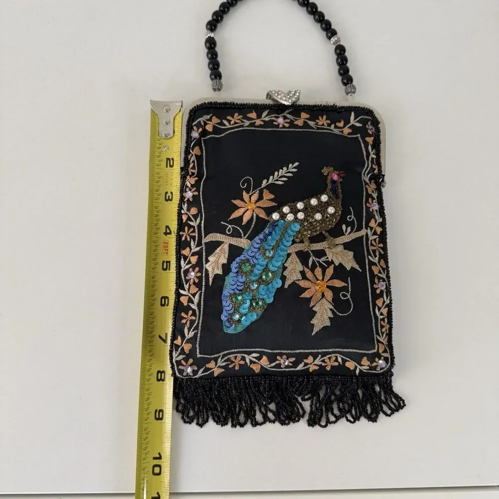 Vintage Lily Scott Peacock Black Evening Bag W/ Sequin Beads & Embroidery